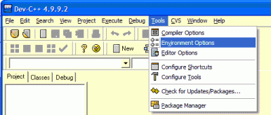 Dev-C++ environment options menu