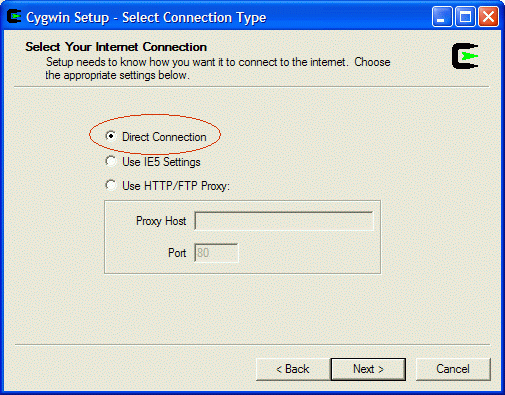 Cygwin download connection dialog
