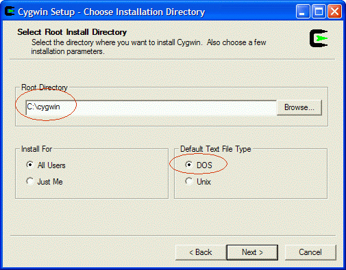 Cygwin download directory dialog
