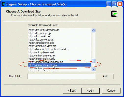 Cygwin download site dialog