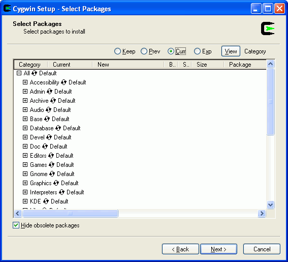 Cygwin initial packages dialog
